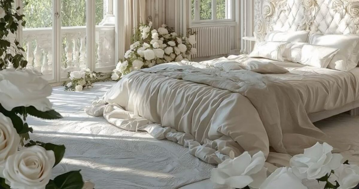 Cama blanca en habitación de lujo